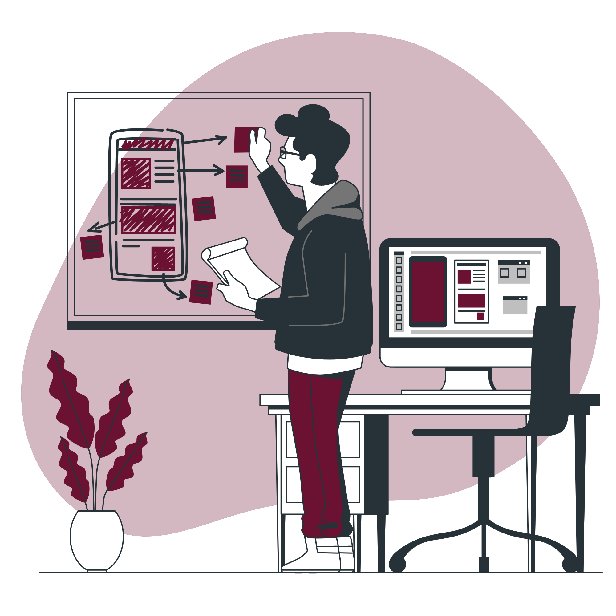 Grafik einer Person, die neben einem Schreibtisch an einer Pinnwand arbeitet